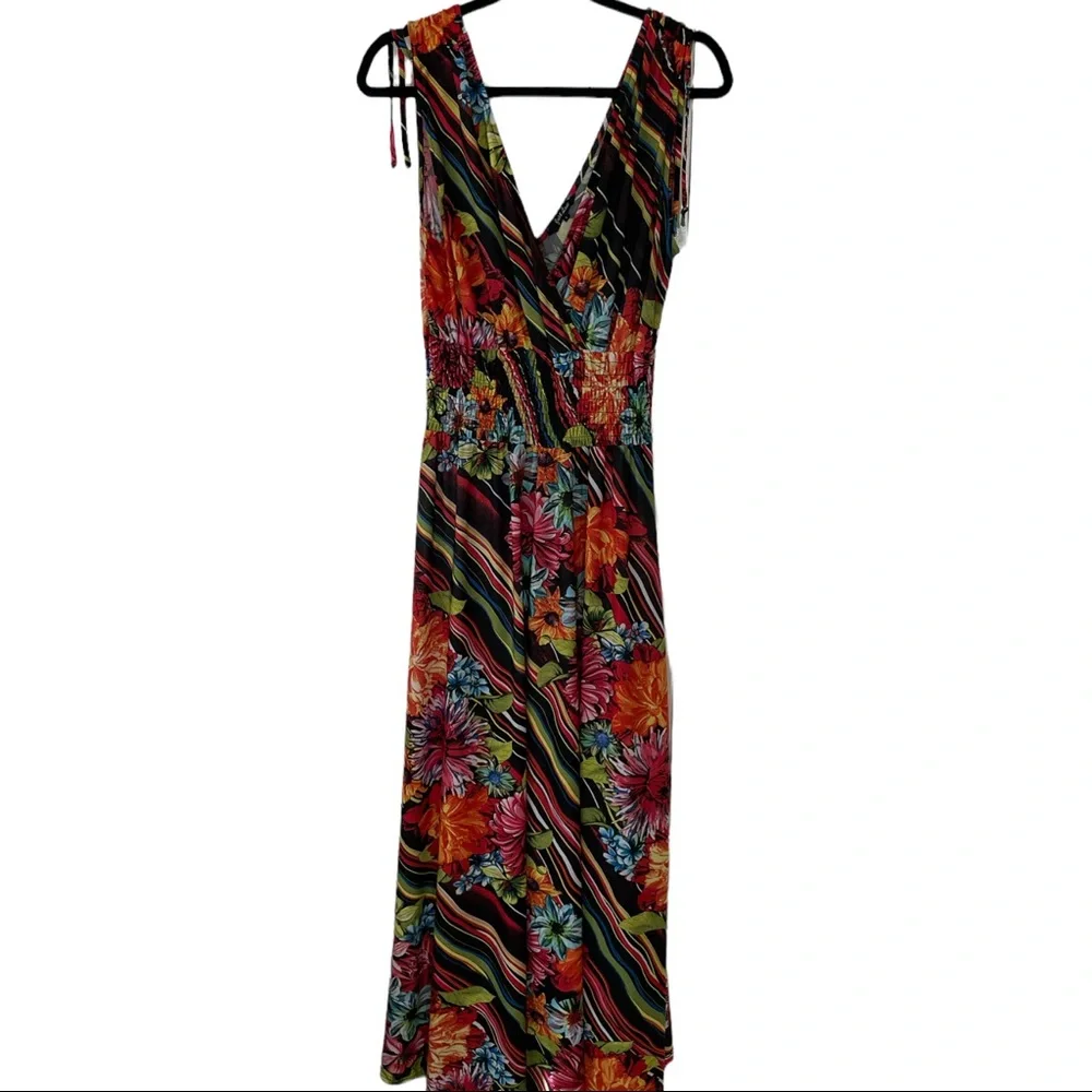 Just Love Sleeveless Wide Shoulder Straps w/ Ties, V-neck Floral Maxi Dress - Picture 1 of 6
